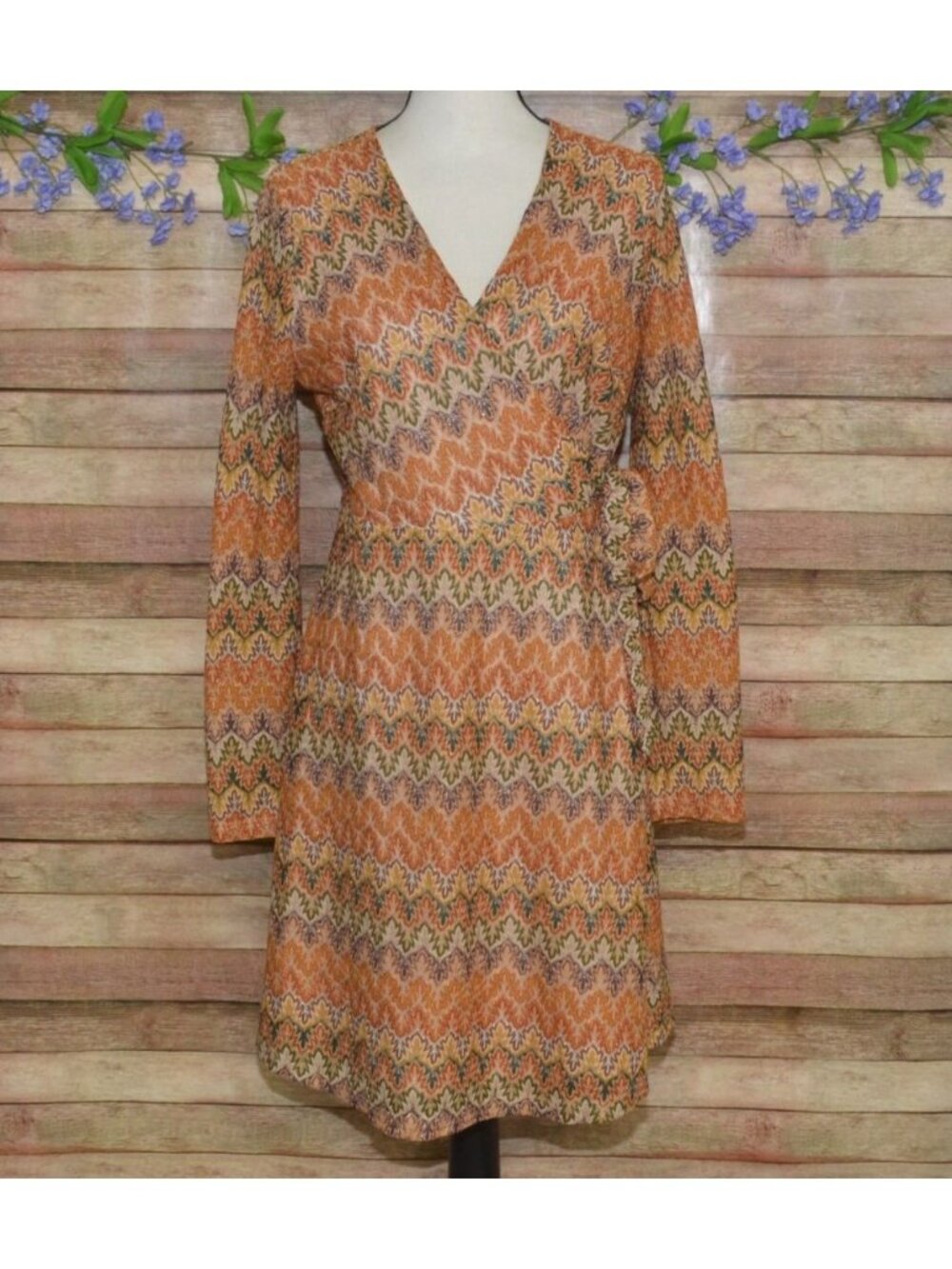 Boho True Wrap Dress Ladies L Crochet Lace V-Neck Metallic Earthy Retro Vibes